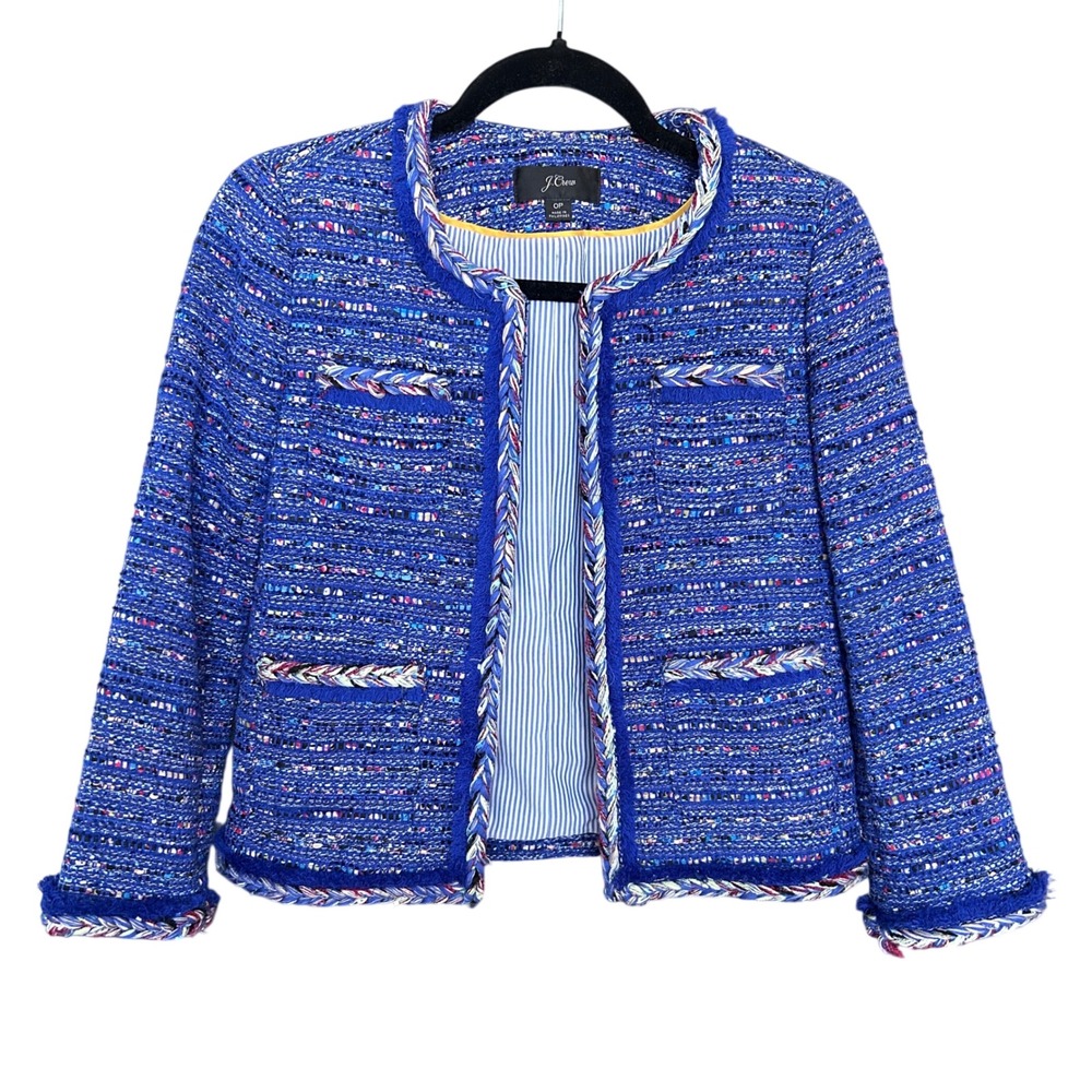 J.Crew Womens Blue Multi Tweed Braided Trim Open Front Lady Jacket Size 0P